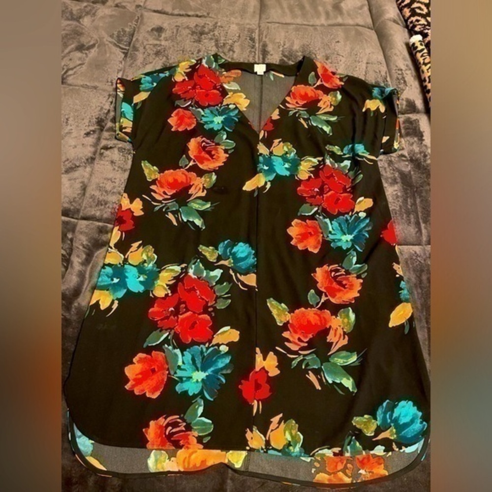 a new day Black Floral V-Neck Dress with Red, Teal & Yellow Blooms